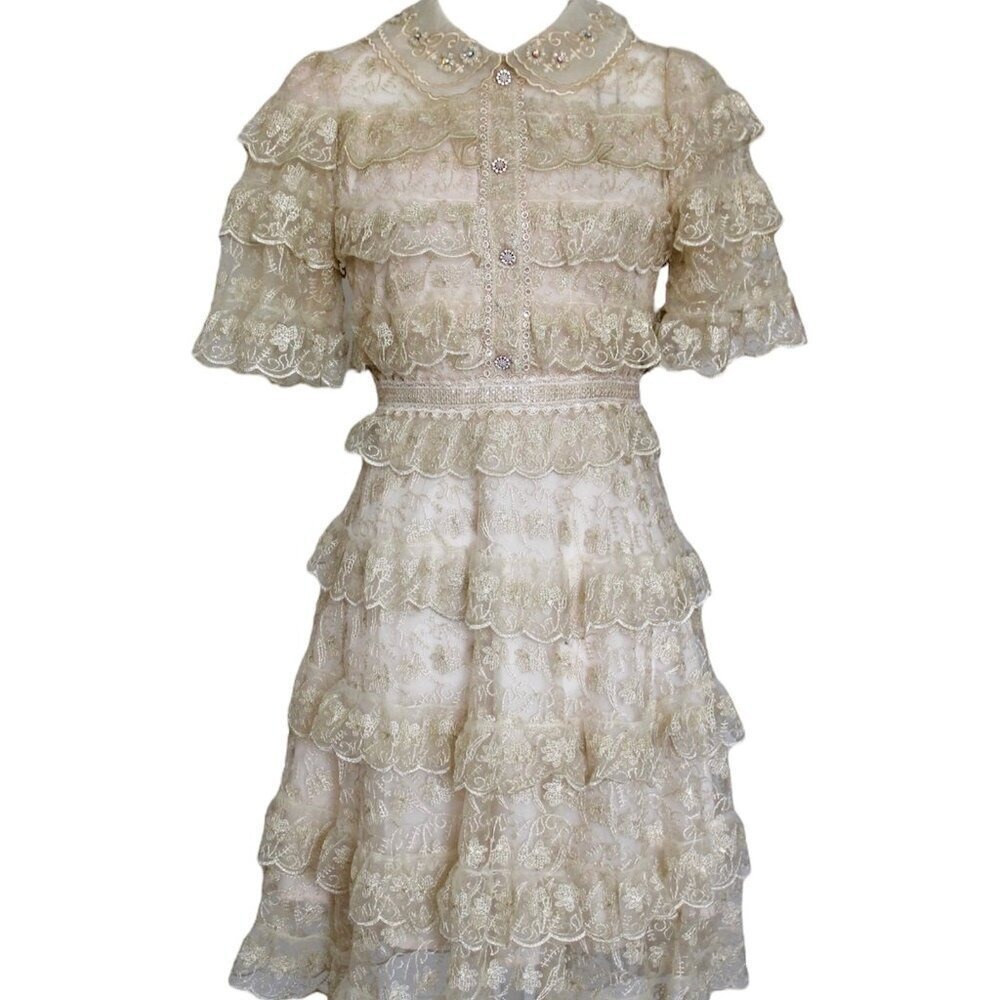 Lace Tiered Mini Dress Cream Rhinestone Collar Party Holiday New Years Medium